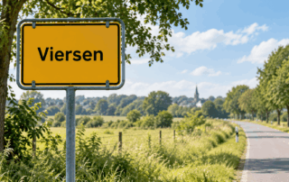 Symbolbild: Gelbes Ortsschild „Viersen“ an einer von Bäumen gesäumten Landstraße.